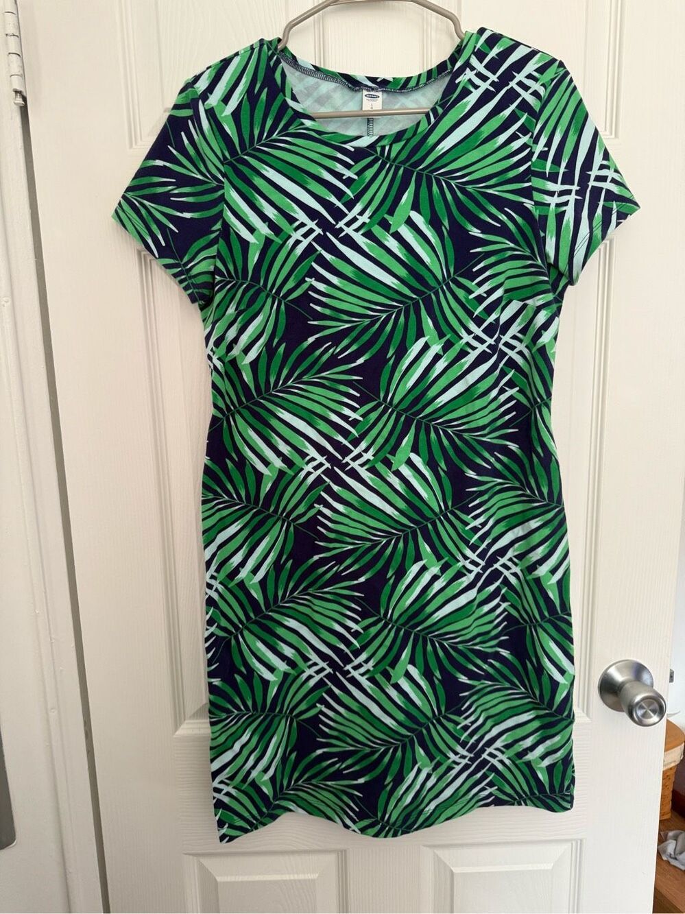 Old Navy Knee Length Dress Size Large Women's Green Navy T Shirt Leafy Tropical